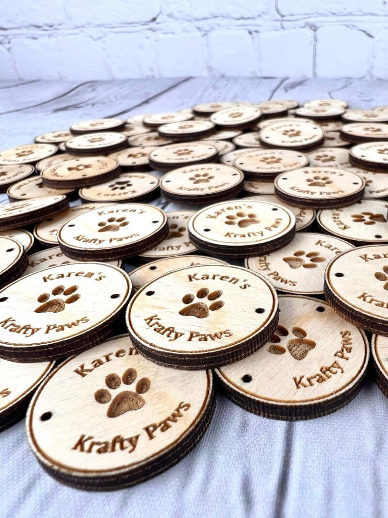 25 custom wood buttons, custom crochet tags, custom knitting tags