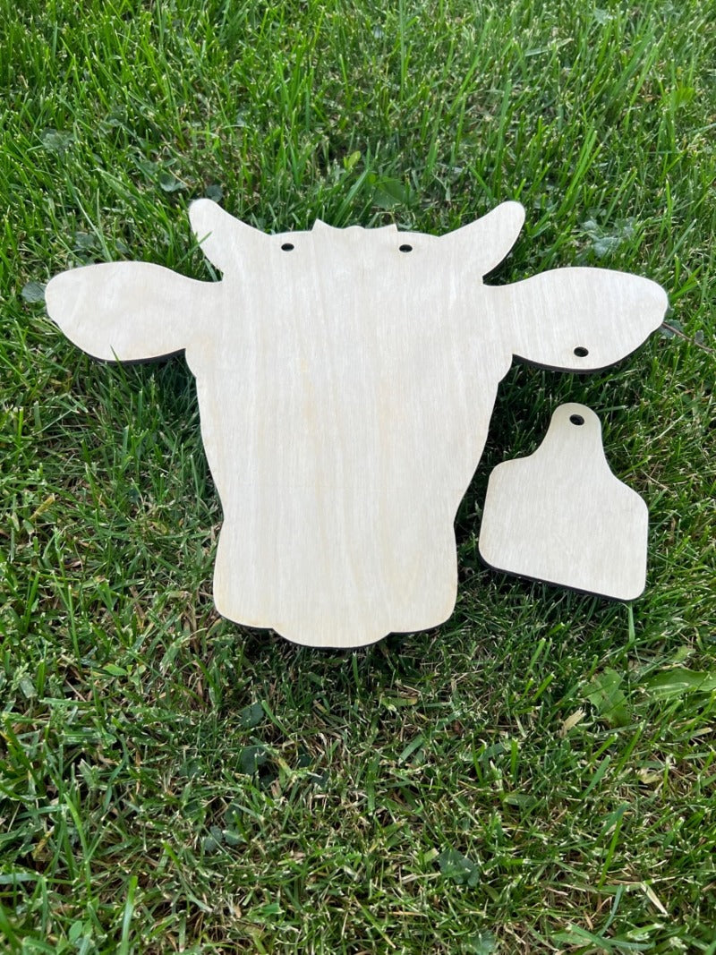 Unfinished Wood Blank, Cow Head with Ear Tag Door Hanger,  *2 sizes available*