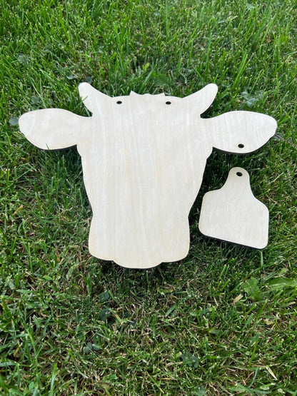 Unfinished Wood Blank, Cow Head with Ear Tag Door Hanger,  *2 sizes available*