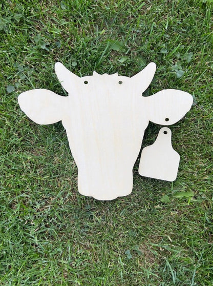 Unfinished Wood Blank, Cow Head with Ear Tag Door Hanger,  *2 sizes available*