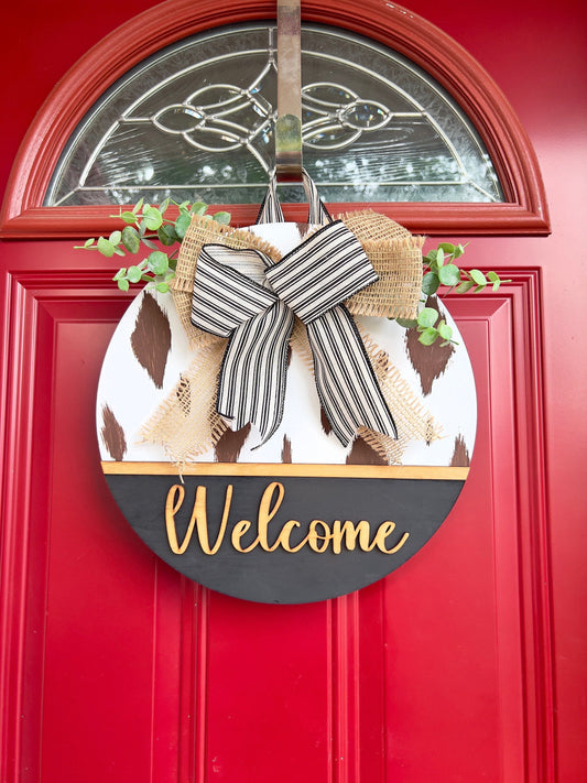 READY TO SHIP, cow print door hanger, cow print welcome door hanger, front door sign, welcome front door, animal print, cowgirl